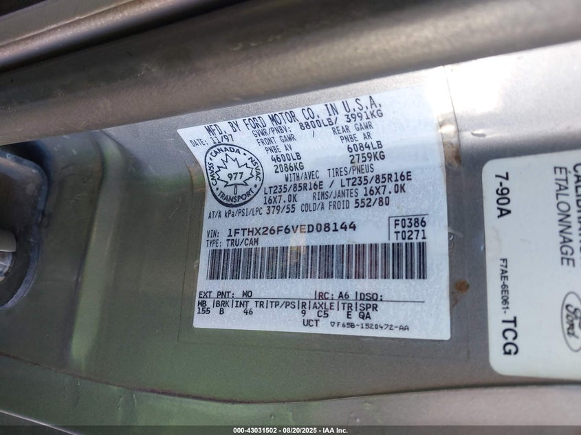 1997 Ford F-250 Xl VIN: 1FTHX26F6VED08144 Lot: 43031502