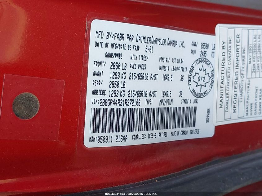 2001 Dodge Grand Caravan Sport VIN: 2B8GP44R31R372106 Lot: 43031504