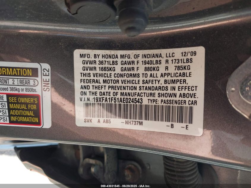 2010 Honda Civic Lx VIN: 19XFA1F51AE024543 Lot: 43031545