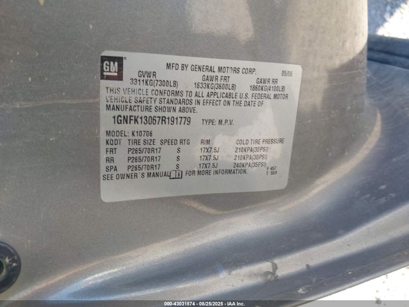 2007 Chevrolet Tahoe Lt VIN: 1GNFK13067R191779 Lot: 43031574