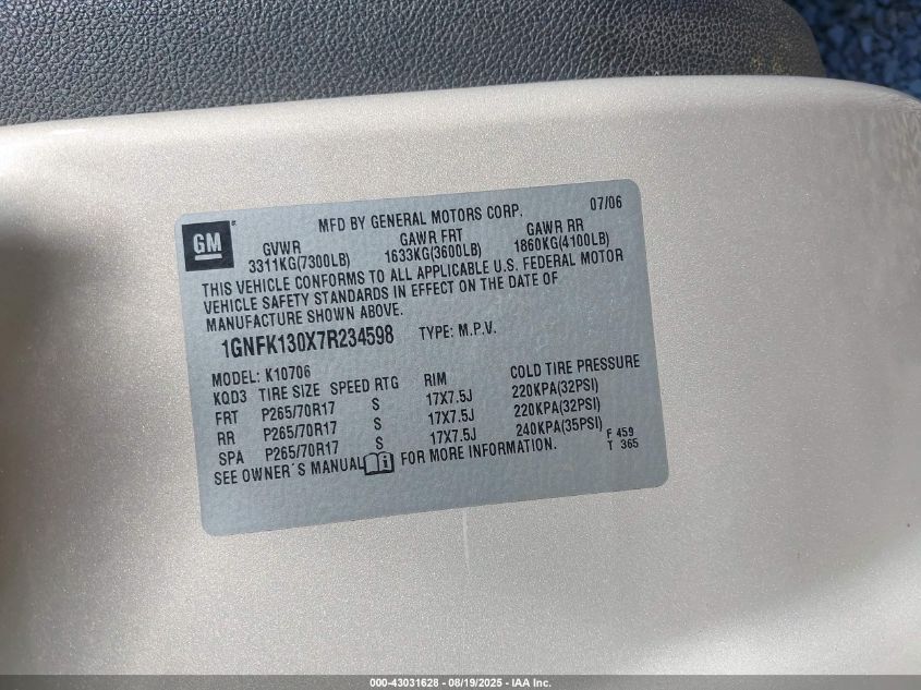 2007 Chevrolet Tahoe Lt VIN: 1GNFK130X7R234598 Lot: 43031628