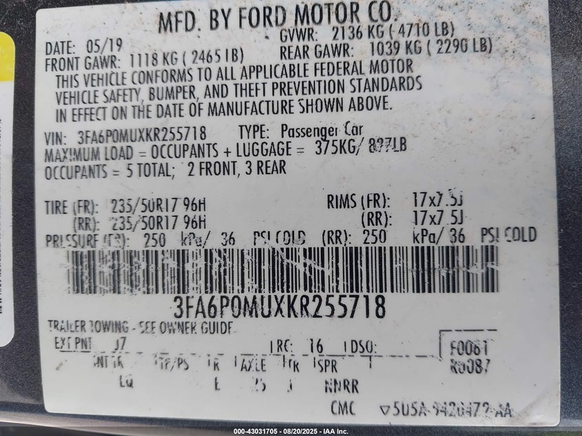 2019 FORD FUSION HYBRID SEL - 3FA6P0MUXKR255718