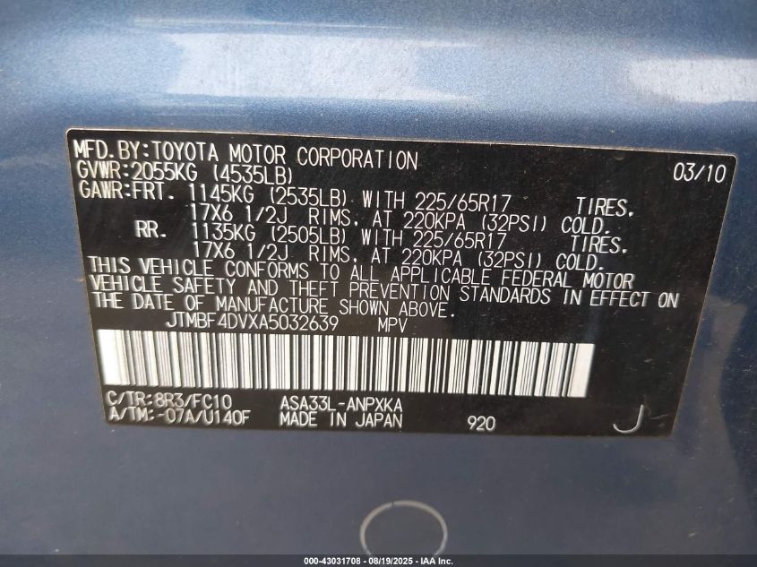 2010 Toyota Rav4 VIN: JTMBF4DVXA5032639 Lot: 43031708