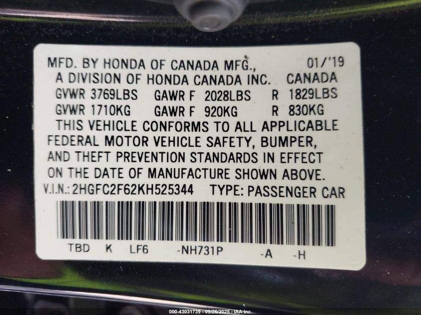 2019 Honda Civic Lx VIN: 2HGFC2F62KH525344 Lot: 43031739