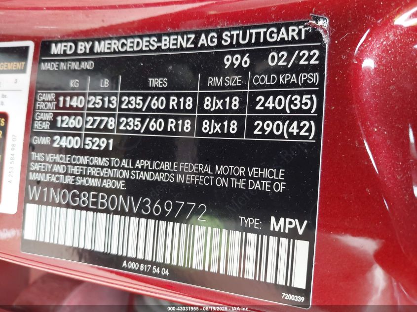 2022 Mercedes-Benz GLC-Class - W1N0G8EB0NV369772