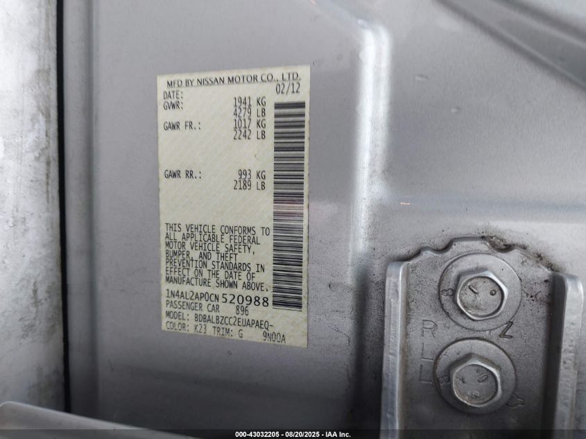 2012 Nissan Altima 2.5 S VIN: 1N4AL2AP0CN520988 Lot: 43032205