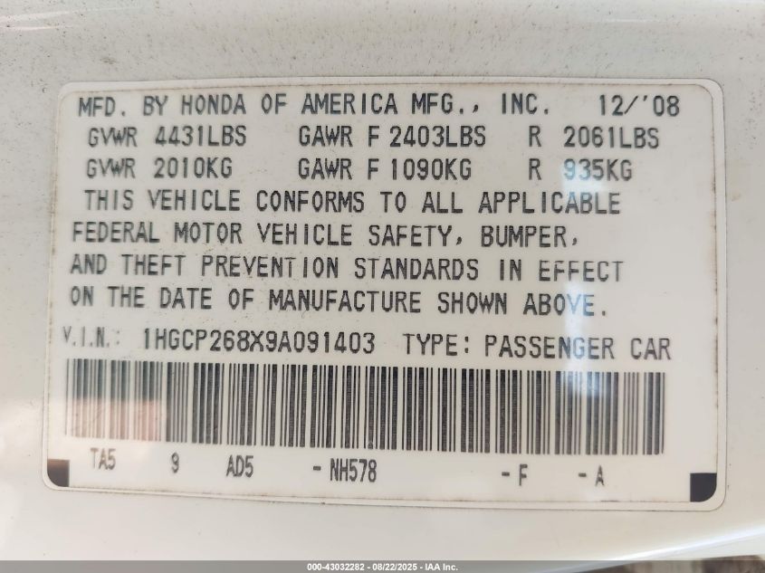 2009 Honda Accord 2.4 Ex-L VIN: 1HGCP268X9A091403 Lot: 43032282