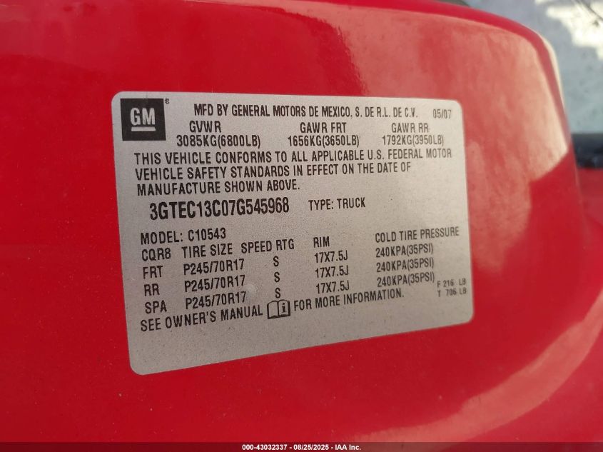 2007 GMC Sierra 1500 Sl VIN: 3GTEC13C07G545968 Lot: 43032337