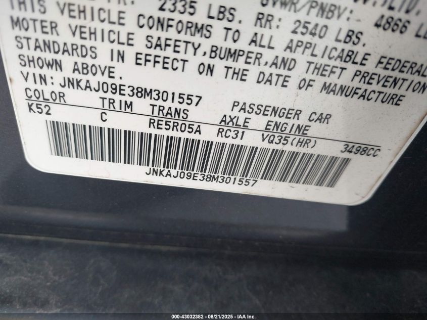 2008 Infiniti Ex35 Journey VIN: JNKAJ09E38M301557 Lot: 43032382