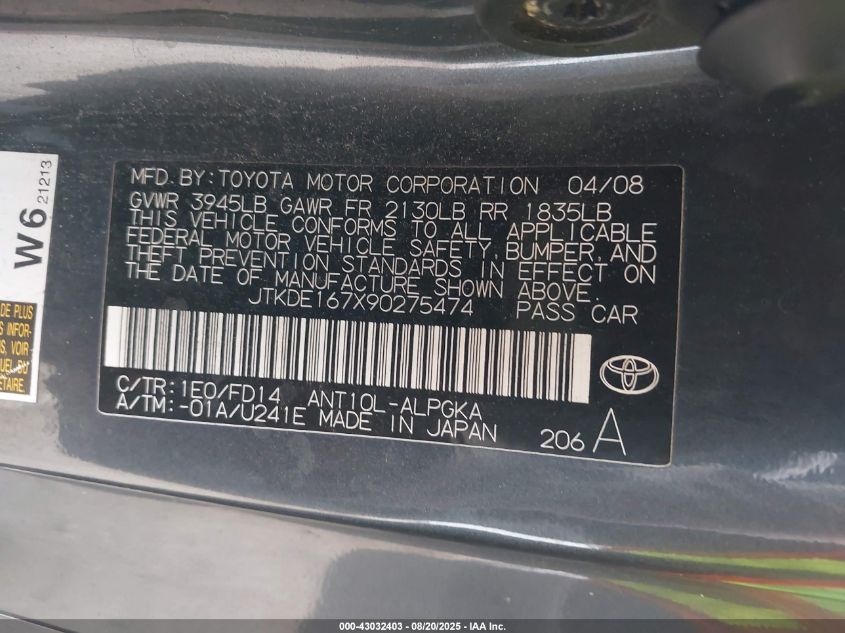 2009 Scion Tc VIN: JTKDE167X90275474 Lot: 43032403