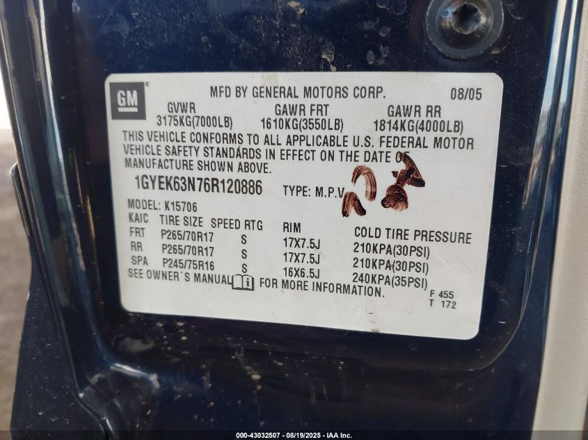2006 Cadillac Escalade Standard VIN: 1GYEK63N76R120886 Lot: 43032507