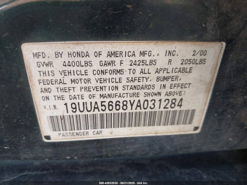 2000 Acura Tl 3.2 VIN: 19UUA5668YA031284 Lot: 43032530