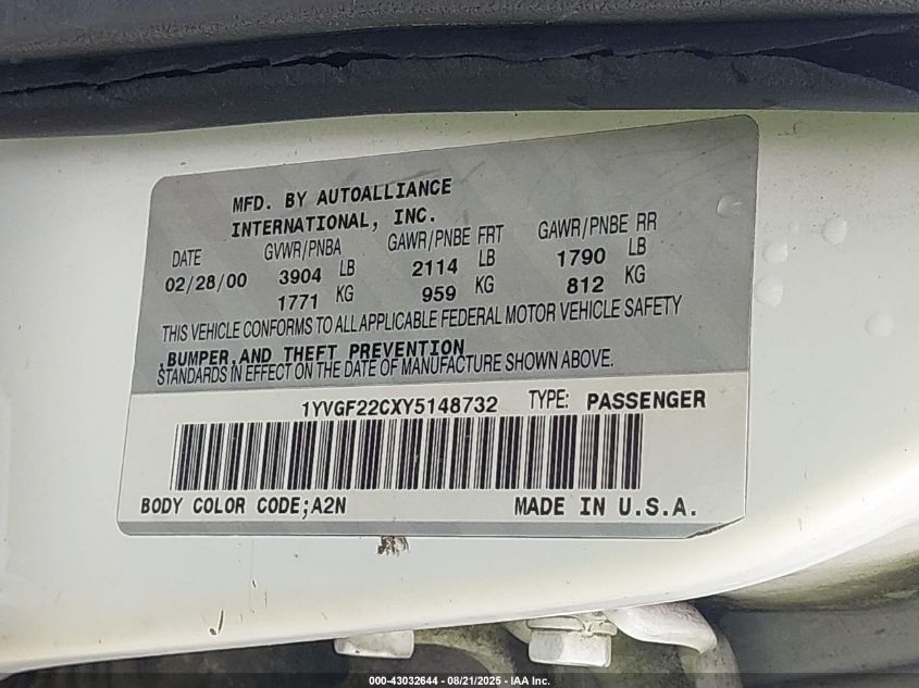 2000 Mazda 626 Es/Lx VIN: 1YVGF22CXY5148732 Lot: 43032644