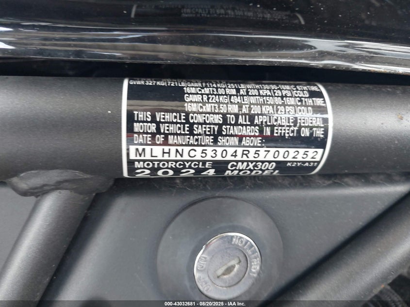 2024 Honda Cmx300 VIN: MLHNC5304R5700252 Lot: 43032681