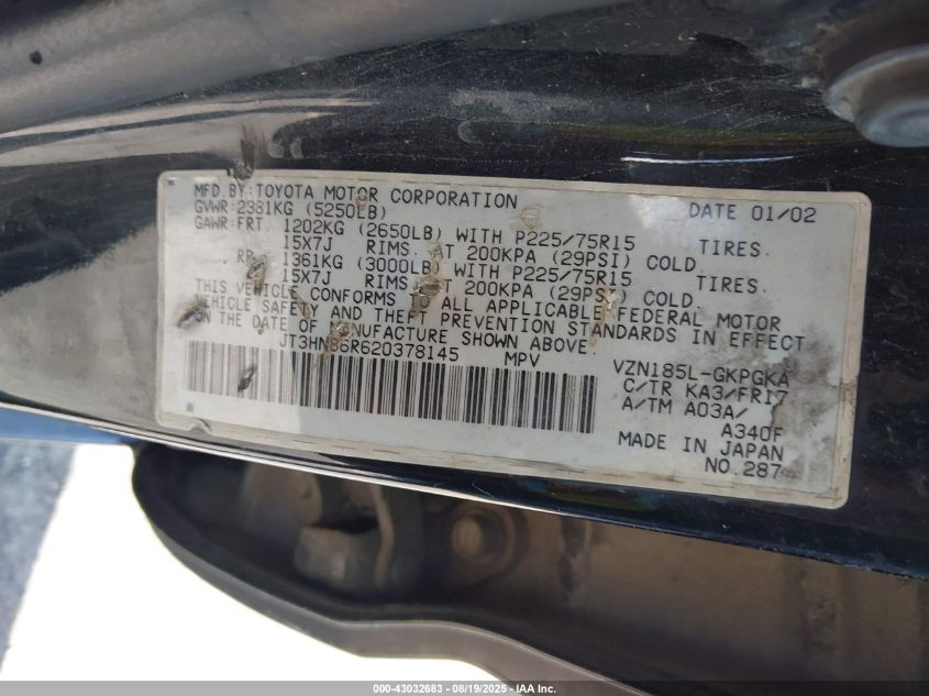 2002 Toyota 4Runner Sr5 V6 VIN: JT3HN86R620378145 Lot: 43032683