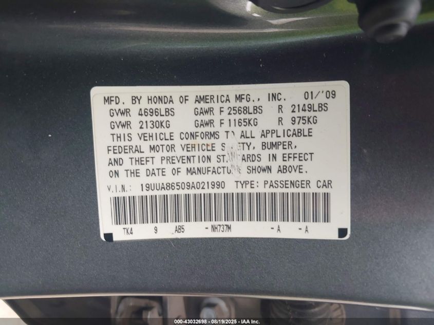 2009 Acura Tl 3.5 VIN: 19UUA86509A021990 Lot: 43032698