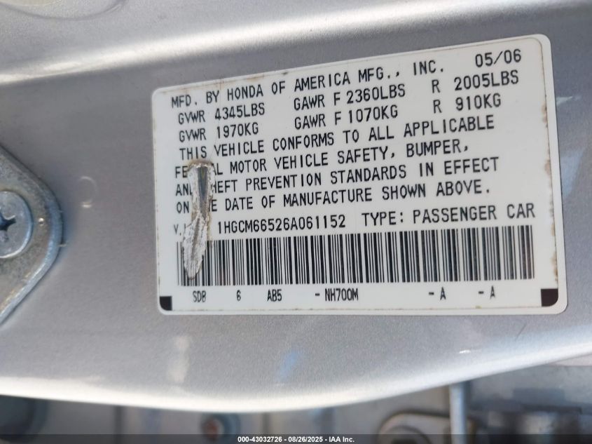 2006 Honda Accord 3.0 Ex VIN: 1HGCM66526A061152 Lot: 43032726