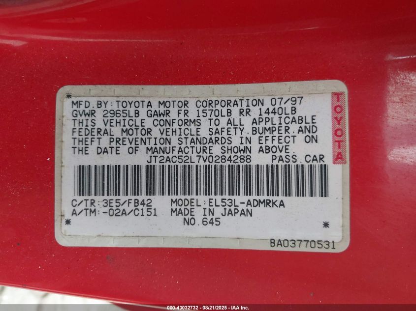1997 Toyota Tercel Limited Edition VIN: JT2AC52L7V0284288 Lot: 43032732