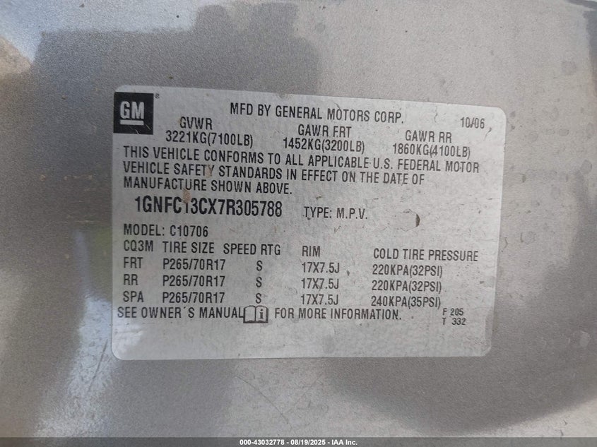 2007 Chevrolet Tahoe Ls VIN: 1GNFC13CX7R305788 Lot: 43032778