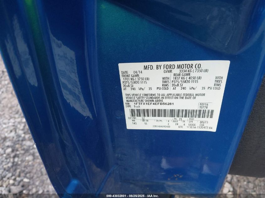 2014 Ford F-150 Stx VIN: 1FTFX1EF4EFB56281 Lot: 43032801