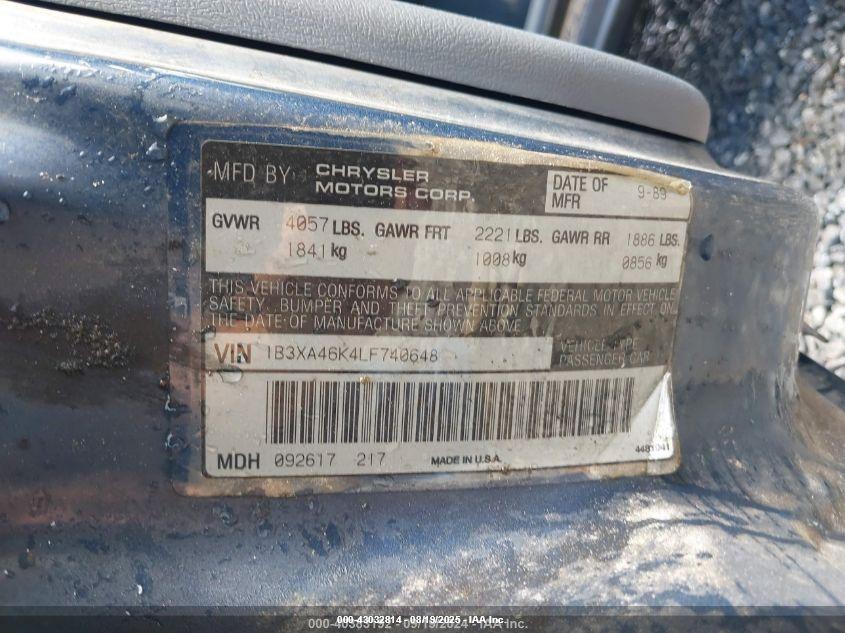 1990 Dodge Spirit VIN: 1B3XA46K4LF740648 Lot: 43032814