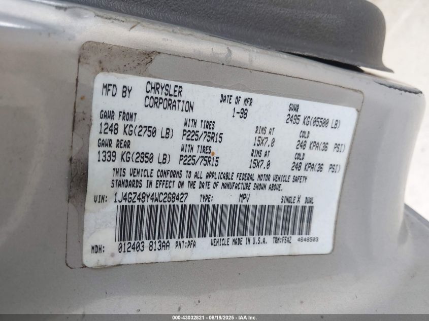 1998 Jeep Grand Cherokee Laredo VIN: 1J4GZ48Y4WC268427 Lot: 43032821