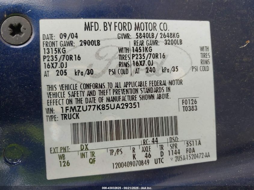 2005 Ford Explorer Sport Trac Adrenalin/Xls/Xlt VIN: 1FMZU77K85UA29351 Lot: 43032825