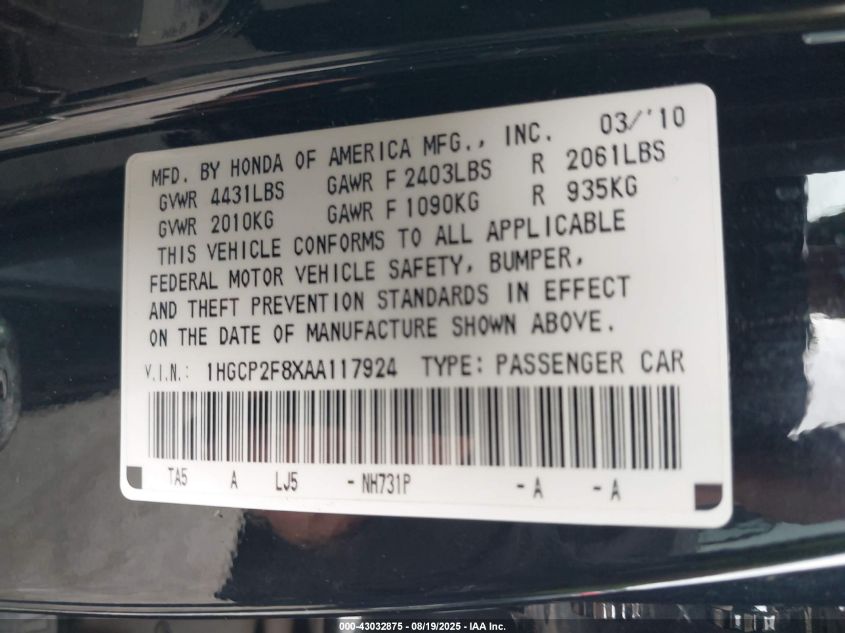 2010 Honda Accord 2.4 Ex-L VIN: 1HGCP2F8XAA117924 Lot: 43032875