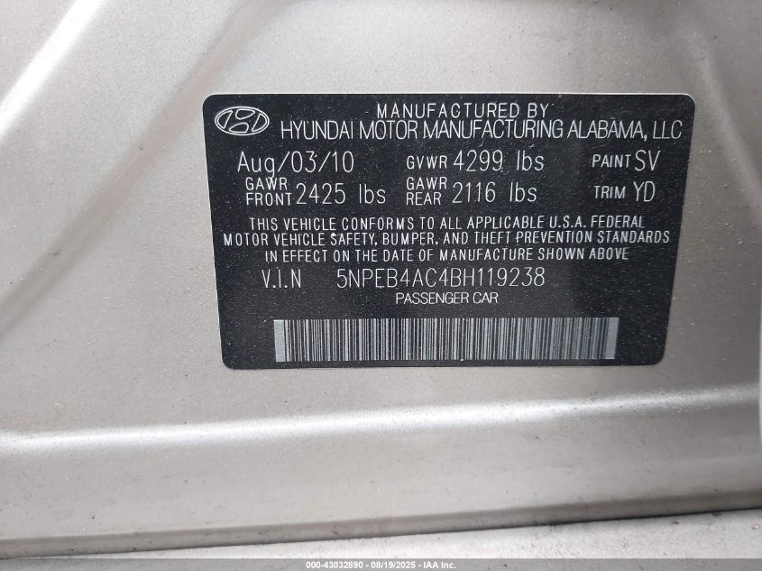 2011 Hyundai Sonata Gls VIN: 5NPEB4AC4BH119238 Lot: 43032890