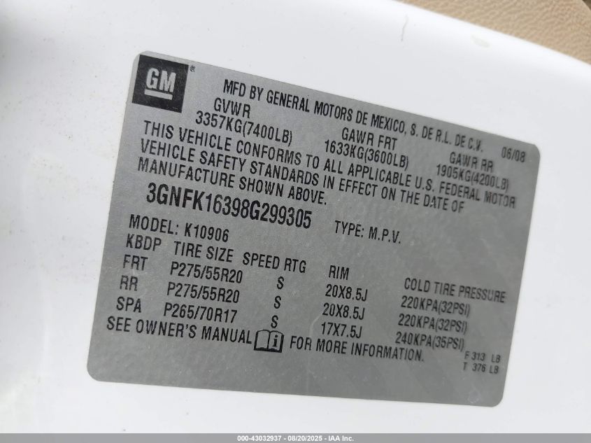 2008 Chevrolet Suburban 1500 Ltz VIN: 3GNFK16398G299305 Lot: 43032937