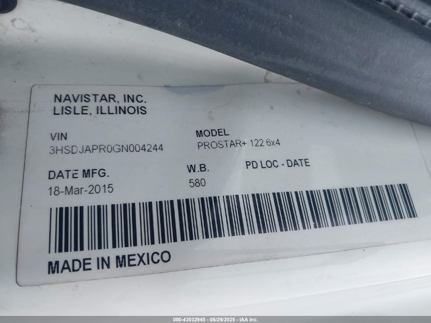 2016 International Prostar VIN: 3HSDJAPR0GN004244 Lot: 43032945