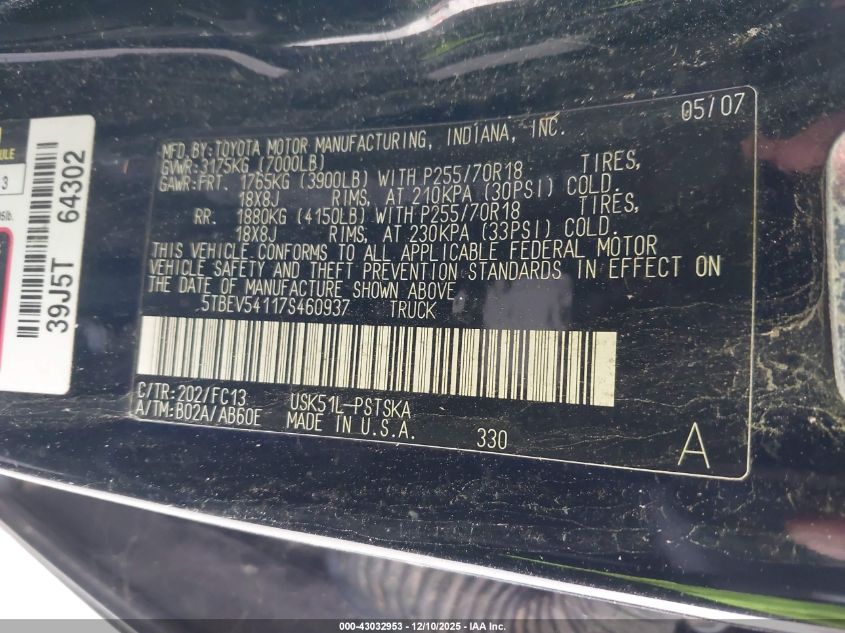 2007 Toyota Tundra Sr5 5.7L V8 VIN: 5TBEV54117S460937 Lot: 43032953