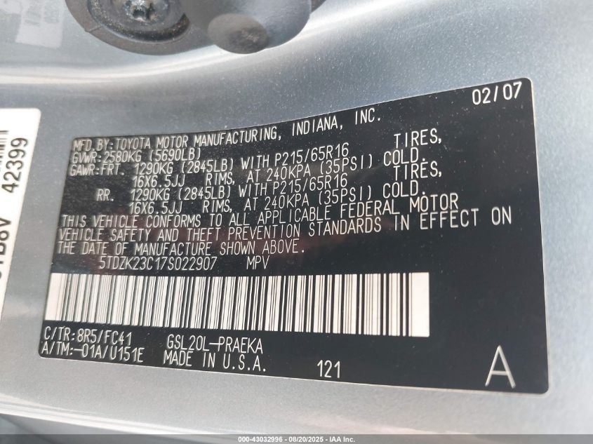 2007 Toyota Sienna Le VIN: 5TDZK23C17S022907 Lot: 43032996