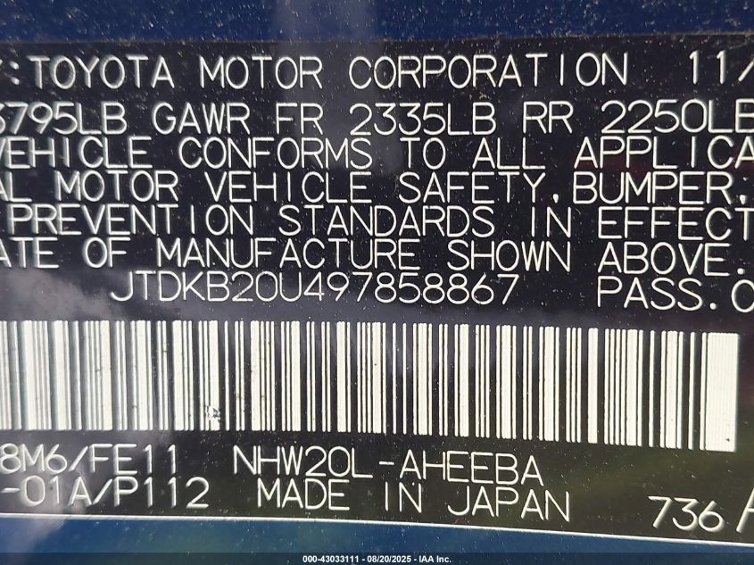 2009 Toyota Prius Standard/Touring VIN: JTDKB20U497785886 Lot: 43033111