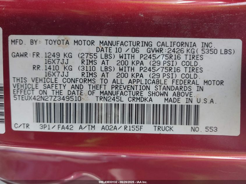 2007 Toyota Tacoma VIN: 5TEUX42N27Z349510 Lot: 43033132