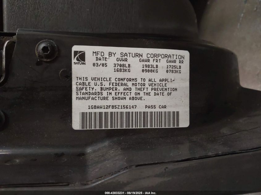 2005 Saturn Ion 3 VIN: 1G8AW12F85Z156147 Lot: 43033231