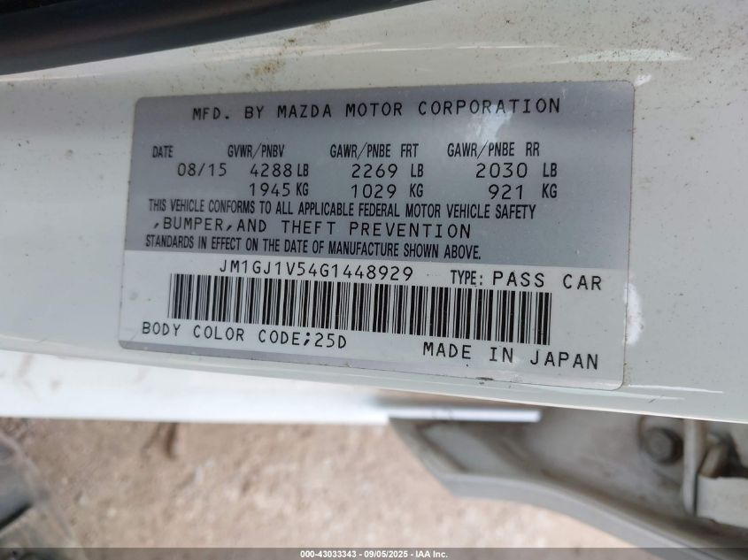 2016 Mazda Mazda6 I Touring VIN: JM1GJ1V54G1448929 Lot: 43033343