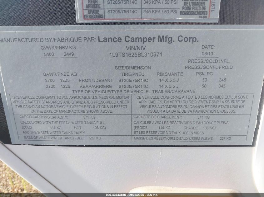 2011 Lance Lance Tl VIN: 1L9TS1625BL310971 Lot: 43033486