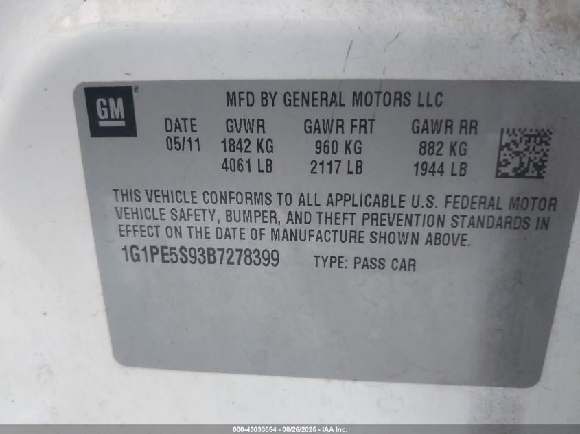 2011 Chevrolet Cruze Lt VIN: 1G1PE5S93B7278399 Lot: 43033554