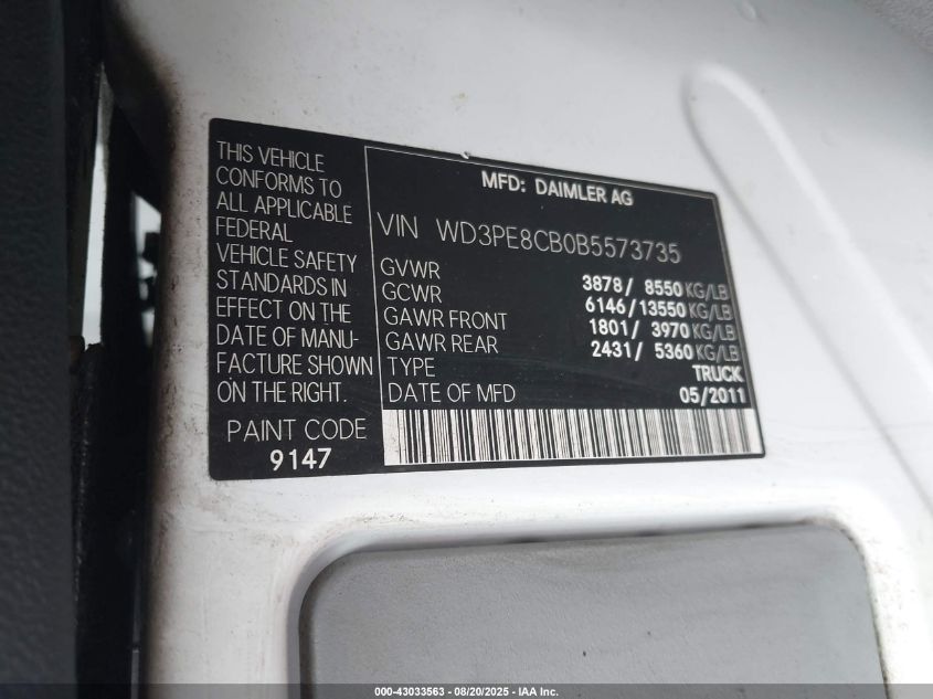 2011 Mercedes-Benz Sprinter 2500 High Roof VIN: WD3PE8CB0B5573735 Lot: 43033563