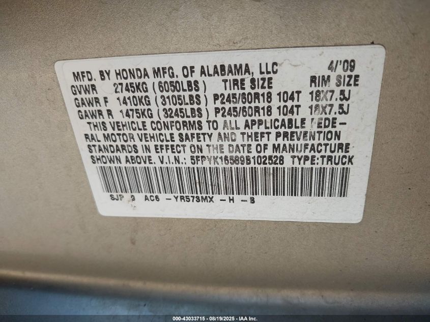 2009 Honda Ridgeline Rtl VIN: 5FPYK16589B102528 Lot: 43033715