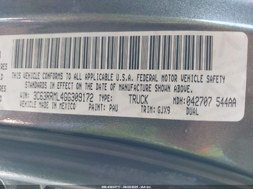 2016 Ram 3500 Laramie VIN: 3C63RRML4GG309172 Lot: 43033717