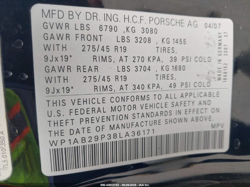 2008 Porsche Cayenne S VIN: WP1AB29P38LA36171 Lot: 43033753
