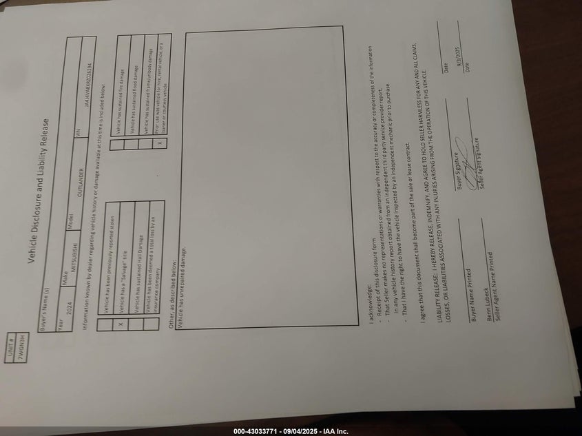 2024 Mitsubishi Outlander Se 2.5 S-Awc/Se Black Edition S-Awc/Se Black Edition W/Pano Roof S-Awc/Se Ralliart S-Awc VIN: JA4J4VA8XRZ026294 Lot: 43033771