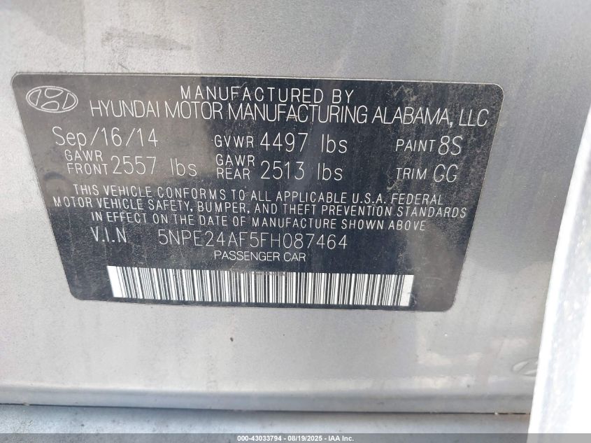 2015 Hyundai Sonata Se VIN: 5NPE24AF5FH087464 Lot: 43033794