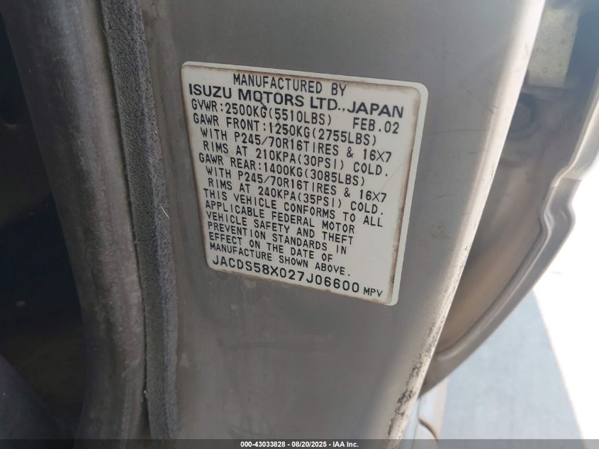 2002 Isuzu Trooper Limited/Ls/S VIN: JACDS58XO27JO6600 Lot: 43033828