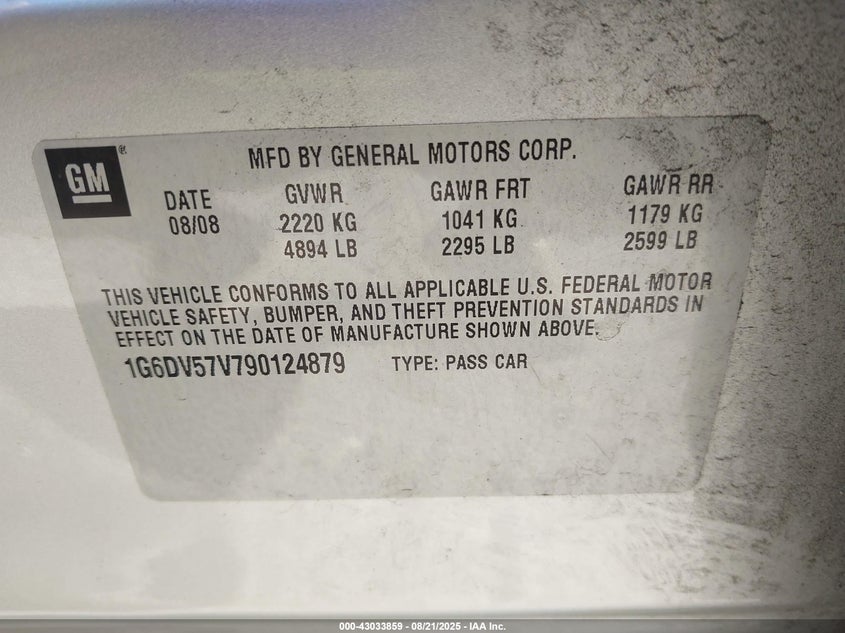 2009 Cadillac Cts Hi Feature V6 VIN: 1G6DV57V790124879 Lot: 43033859