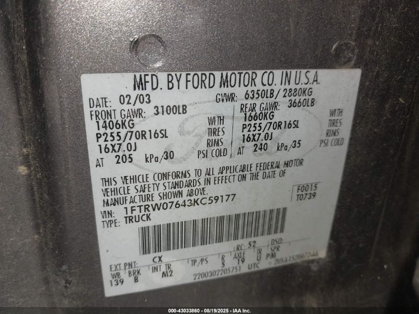 2003 Ford F-150 Lariat/Xlt VIN: 1FTRW07643KC59177 Lot: 43033860