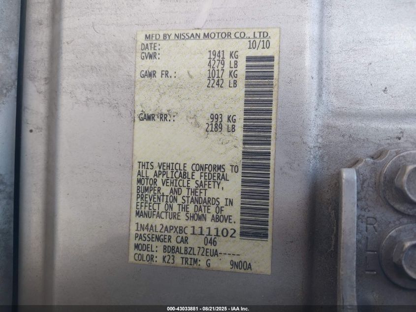 2011 Nissan Altima 2.5 S VIN: 1N4AL2APXBC111102 Lot: 43033881