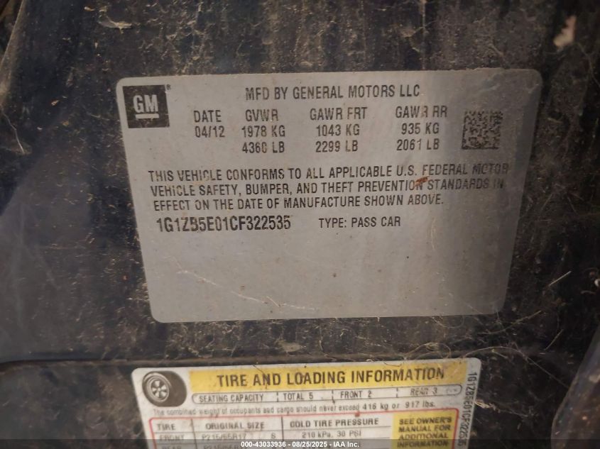 2012 Chevrolet Malibu Ls VIN: 1G1ZB5E01CF322535 Lot: 43033936